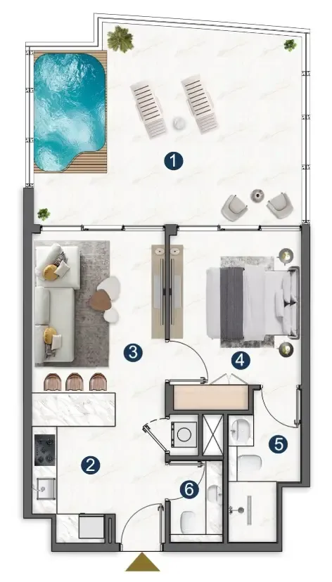 Voxa Pantheon 1 bed floor plan, 858 sqft