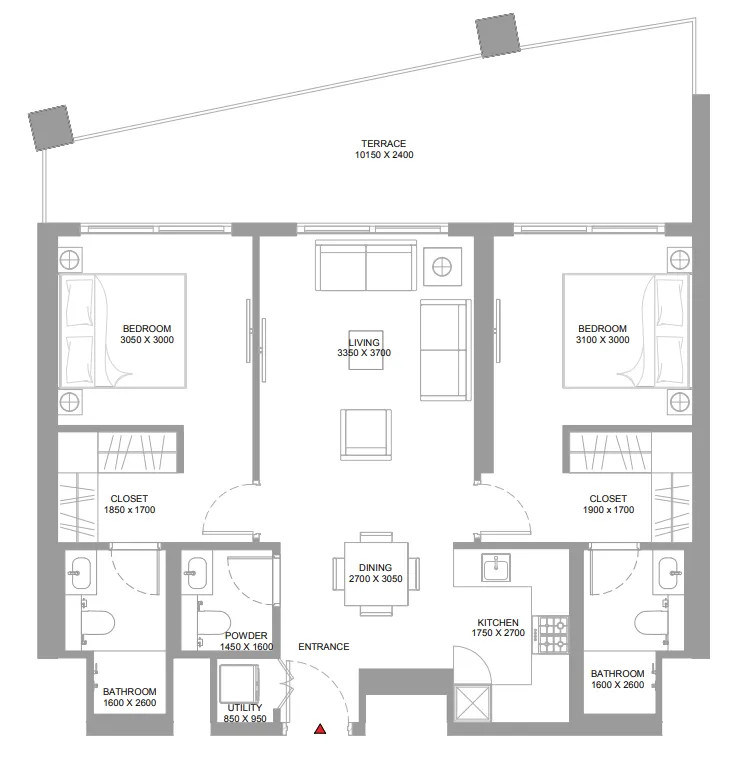 Pierside Marina Residences 2 bed floor plan, 1,114 sqft