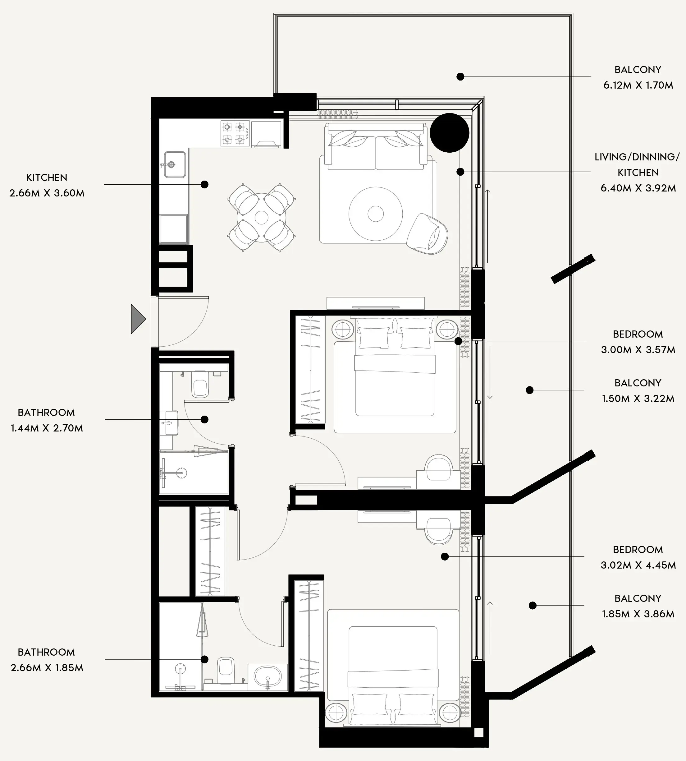 Azizi Venice 2 bed floor plan, 1,233 sqft