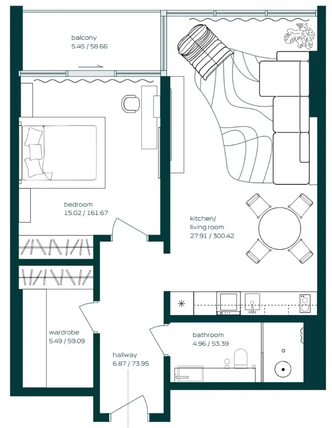 Vibe 1 bed floor plan, 811 sqft