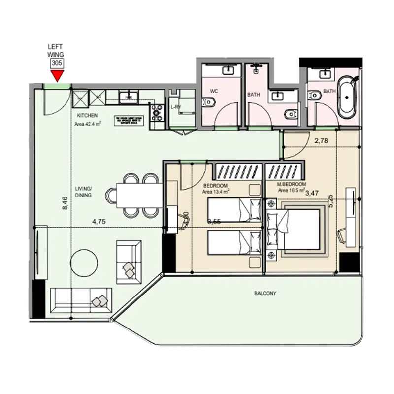 Edgewater Residences 1, 2 and 3 2 bed floor plan, 1,265 sqft