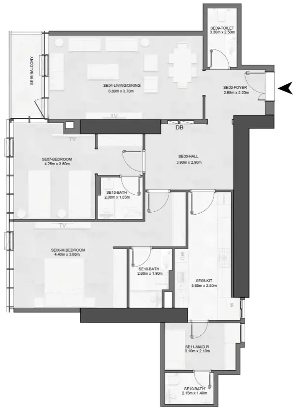 Joud Tower 2 bed floor plan, 1,542 sqft