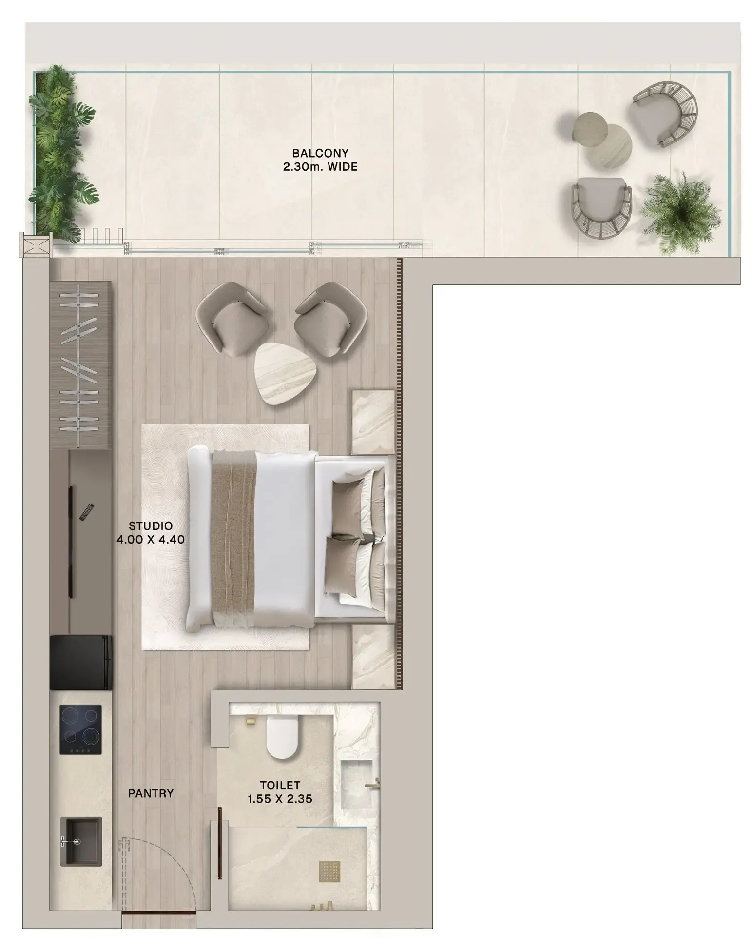 Soléva Beach Residences Studio floor plan, 491 sqft