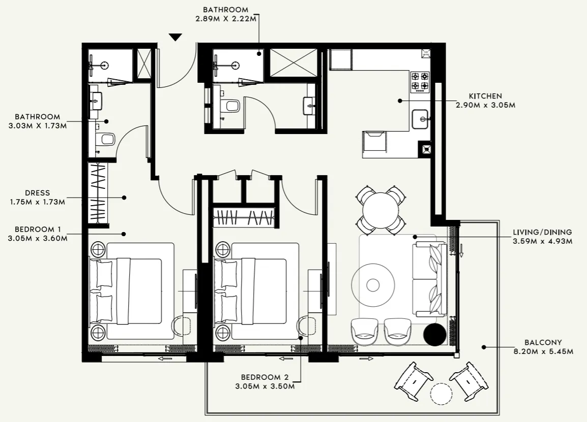 Azizi Venice 2 bed floor plan, 1,103 sqft