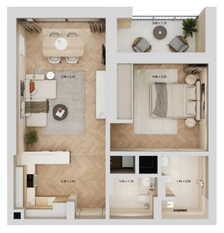 Arisha Terraces 1 bed floor plan, 726 sqft