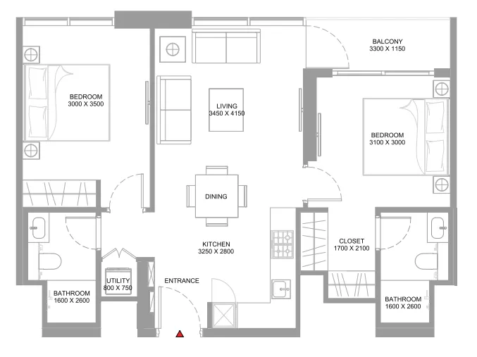 Starline Beach Residences 2 bed floor plan, 776 sqft