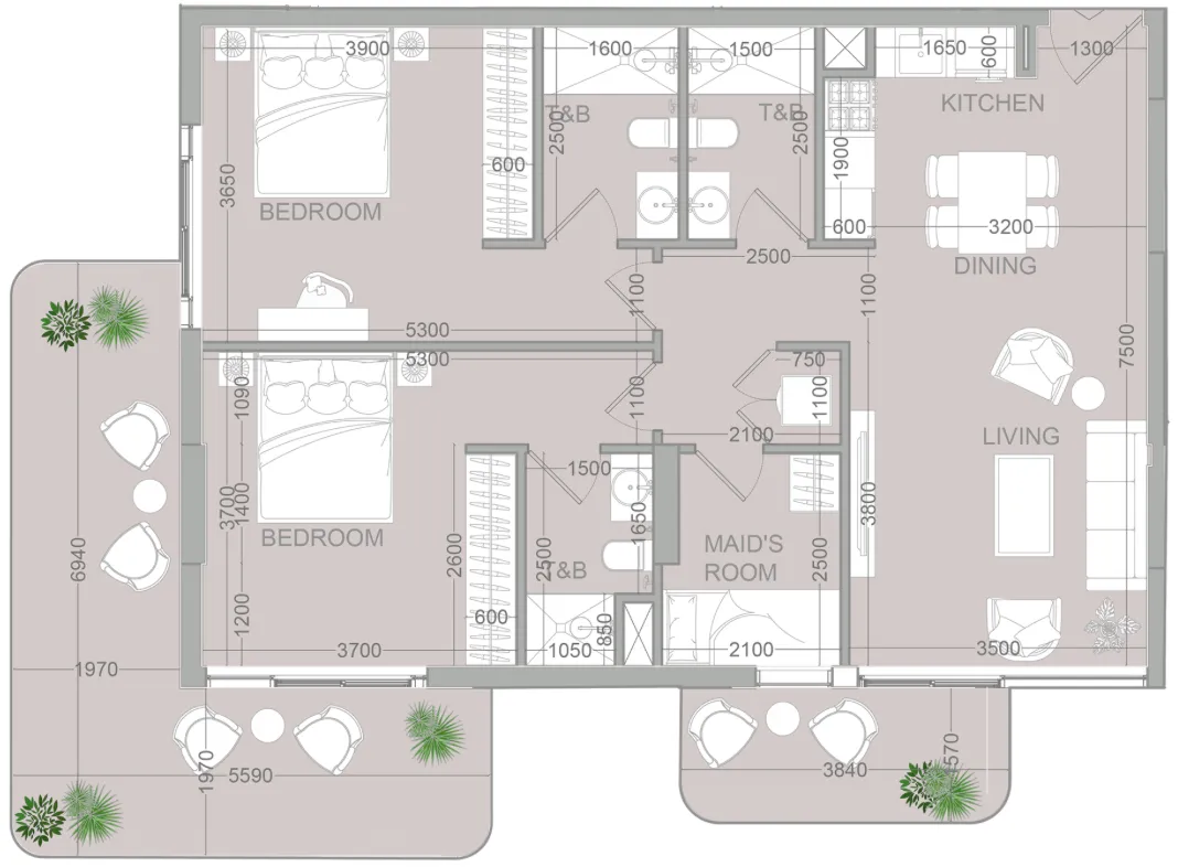 TETR1S Tower 2 bed floor plan, 1,243 sqft