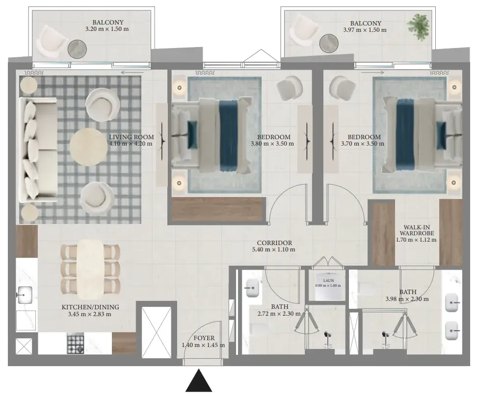 Fior 1 2 bed floor plan, 1,154 sqft