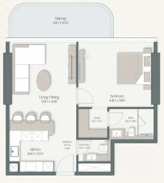 The Caden by Prescott 1 bed floor plan, 783 sqft