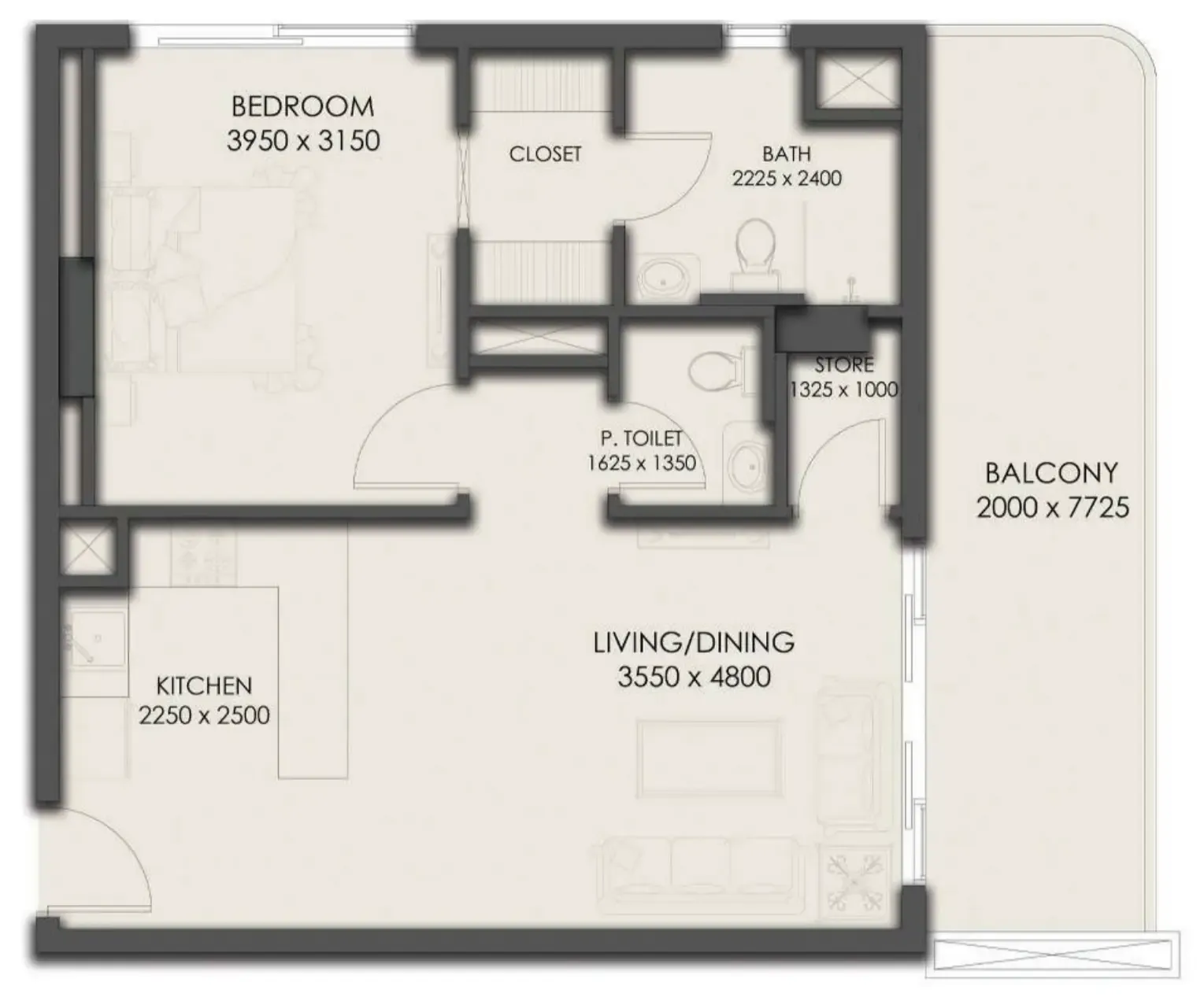 Park Residency 1 bed floor plan, 786 sqft