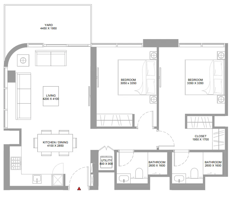Pristine Beach Residences 2 bed floor plan, 965 sqft
