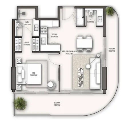 Sonate Residences 1 bed floor plan, 902 sqft
