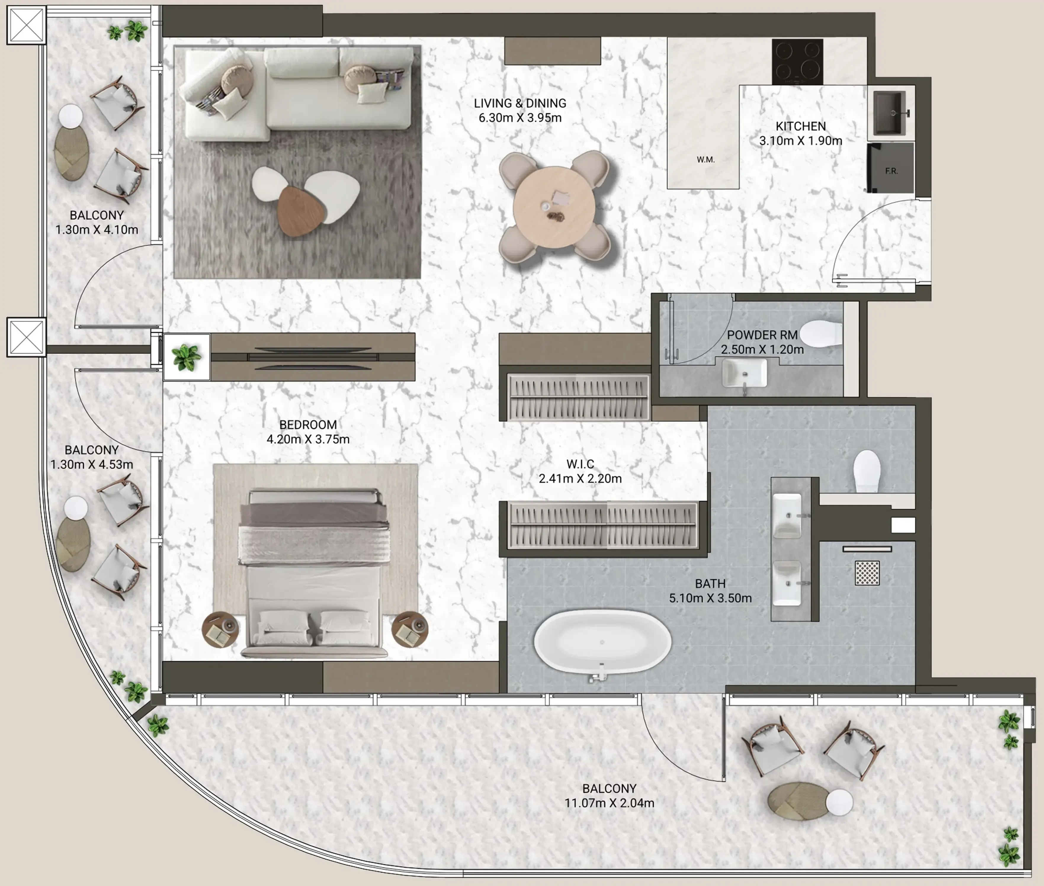 V-Suites 1 bed floor plan, 1,218 sqft