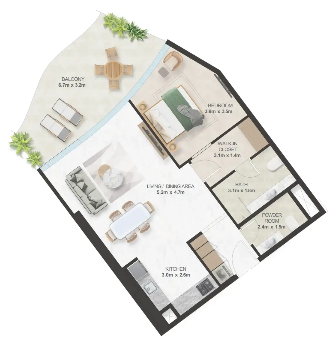 Oystra 1 bed floor plan, 950 sqft