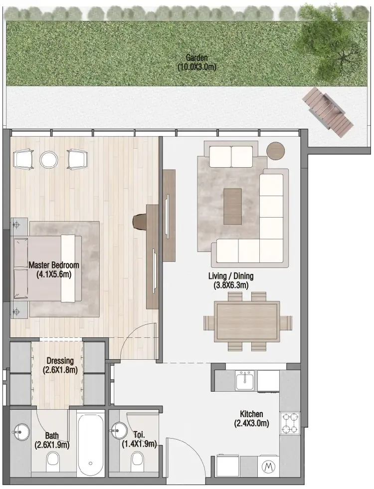 South Living 1 bed floor plan, 1,290 sqft
