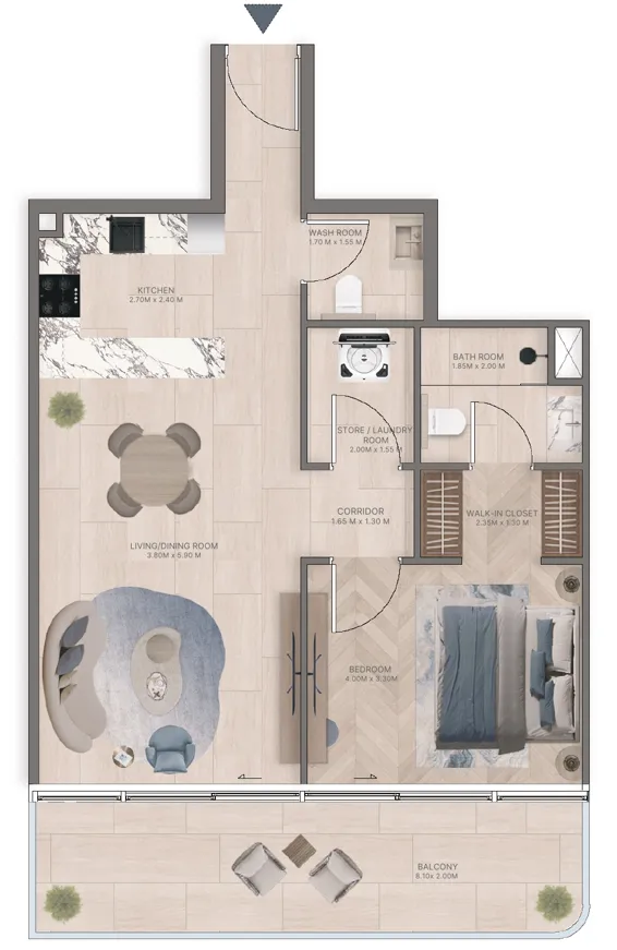 Meriden Beach Residences 1 bed floor plan, 907 sqft