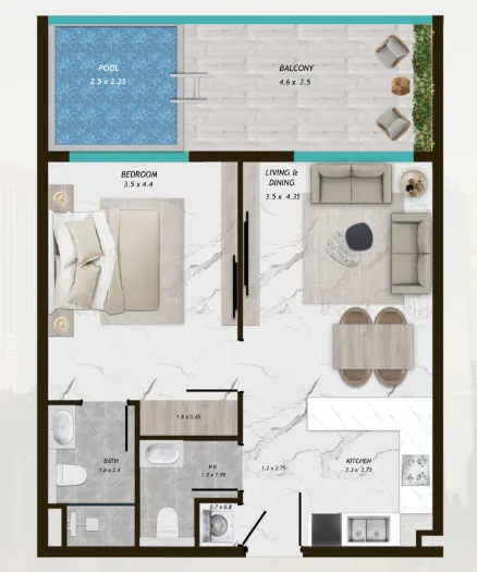Samana Parkville 1 bed floor plan, 768 – 776 sqft