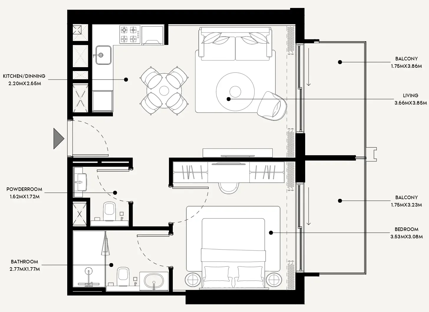 Azizi Venice 1 bed floor plan, 684 sqft