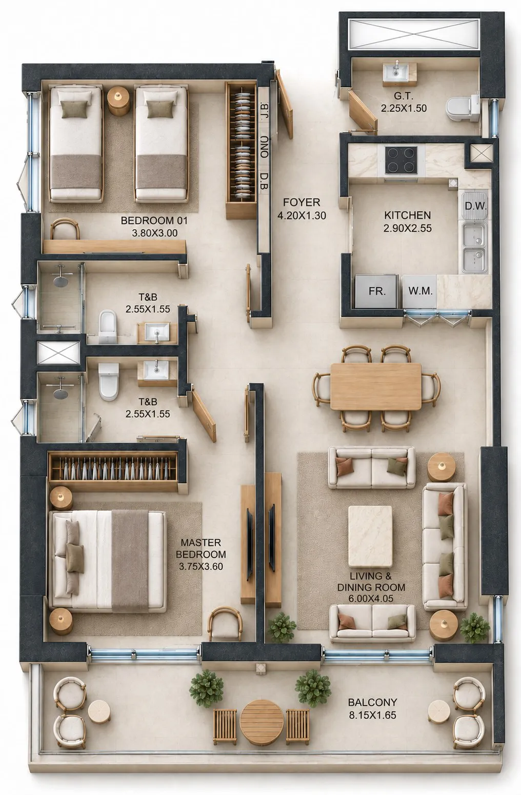 Reeman Residence 02 2 bed floor plan, 1,037 sqft