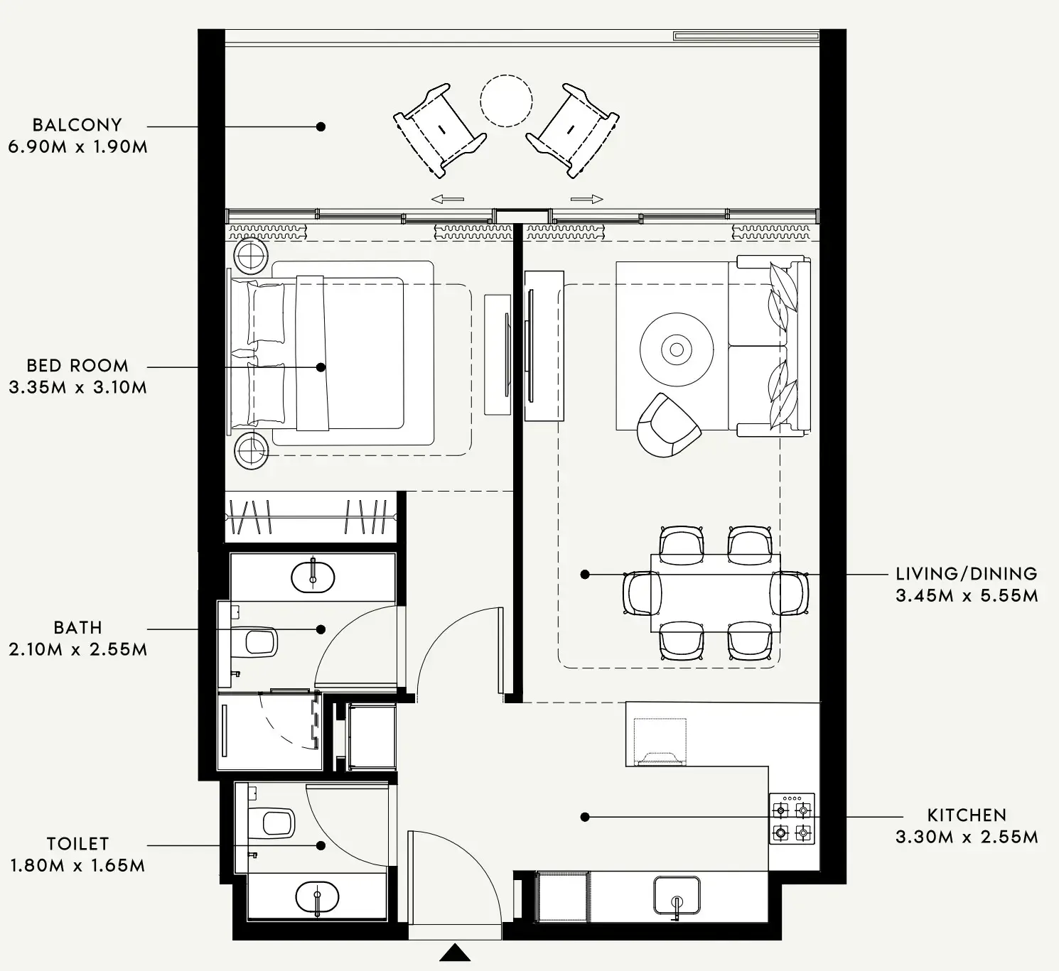 Riviera 58 1 bed floor plan, 784 sqft