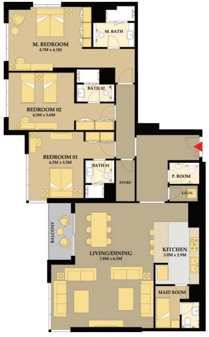 Riva Residence 3 bed floor plan, 2,047 sqft