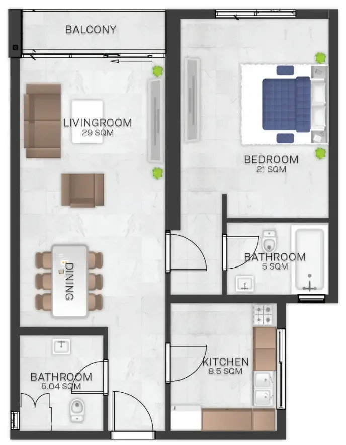 Bluebell Residence 1 bed floor plan, 1,232 – 1,235 sqft