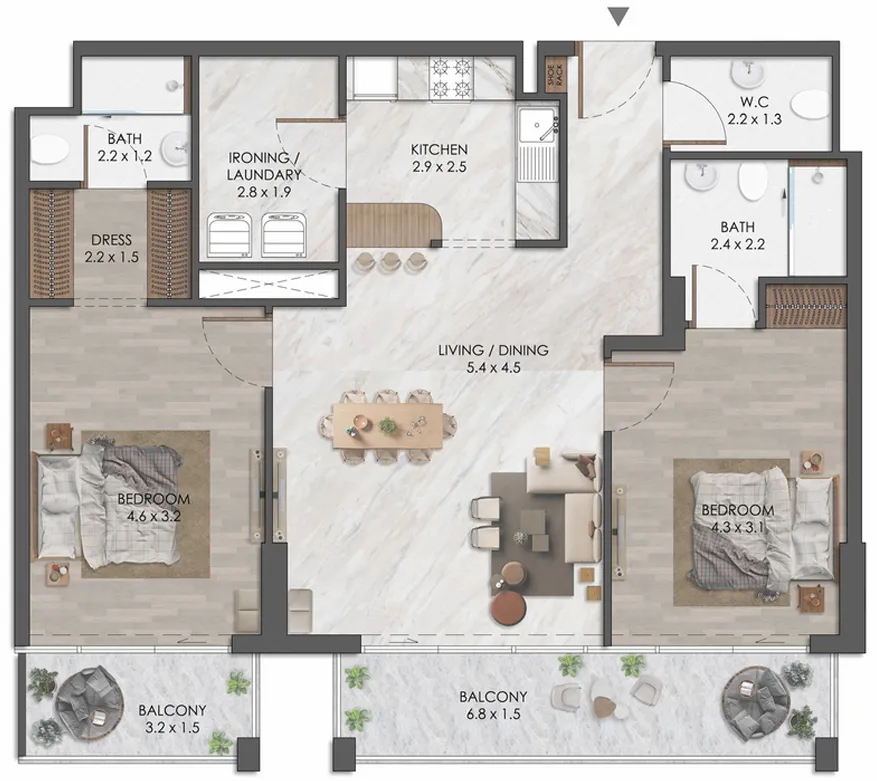 Almaara Residences 2 bed floor plan, 1,124 sqft