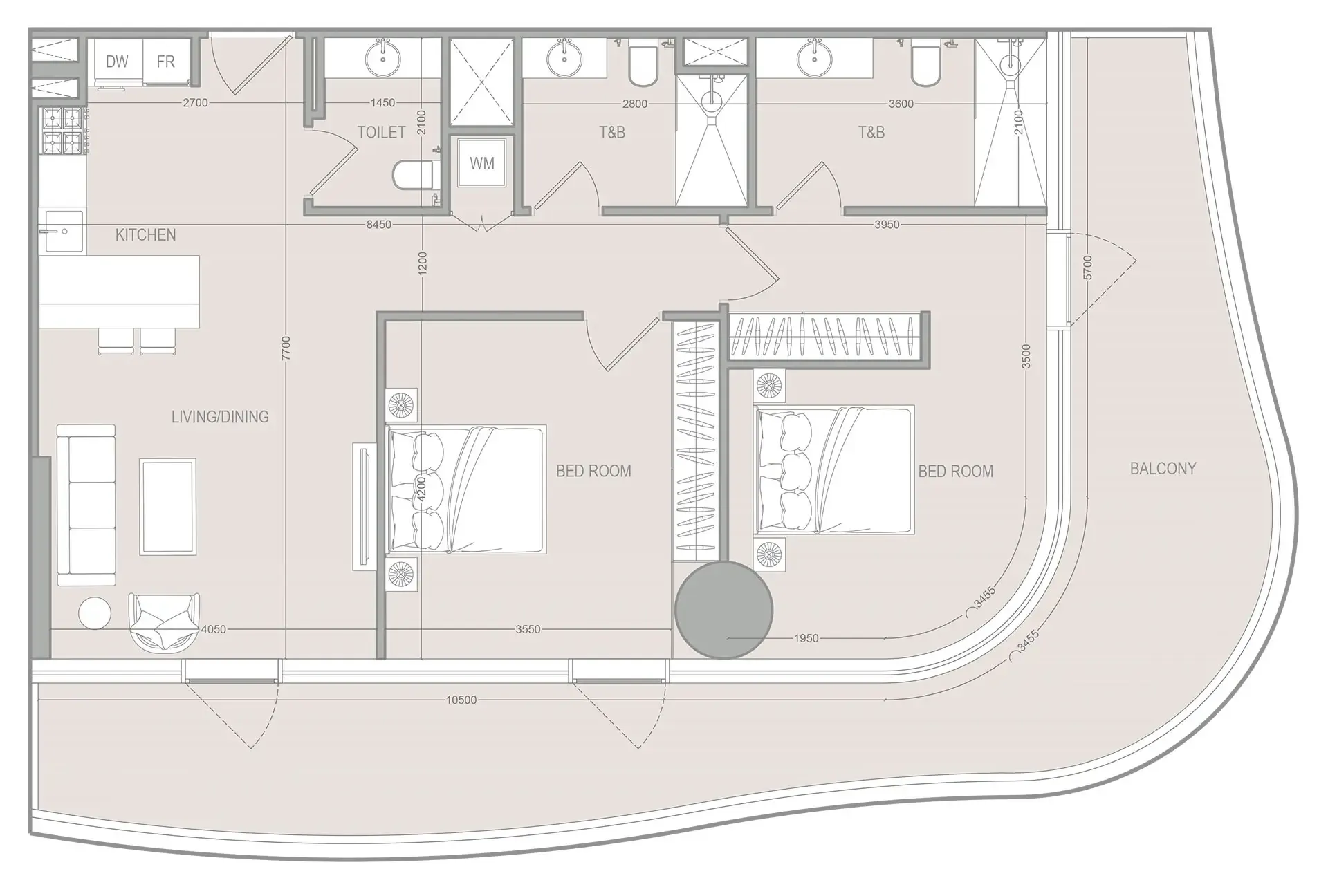 A1LA Residence 2 bed floor plan, 1,501 sqft