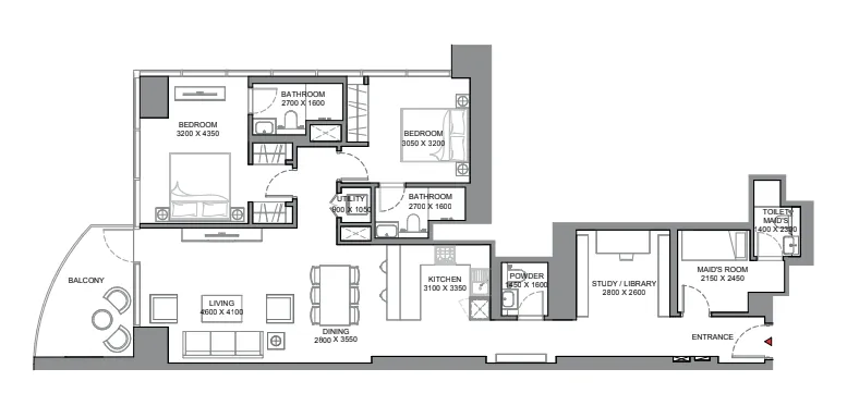 Skyscape 2 bed floor plan, 1,512 sqft