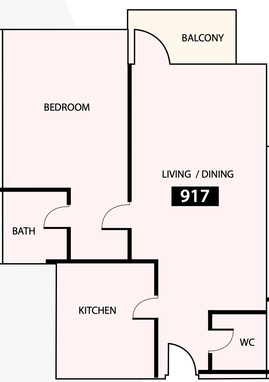 Paradise View 1 1 bed floor plan, 805 sqft