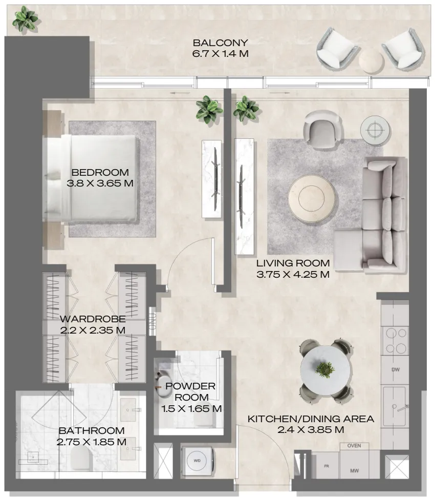 DWTN Residences 1 bed floor plan, 913 sqft