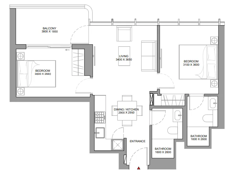 Sobha Aquamont 2 bed floor plan, 721 sqft