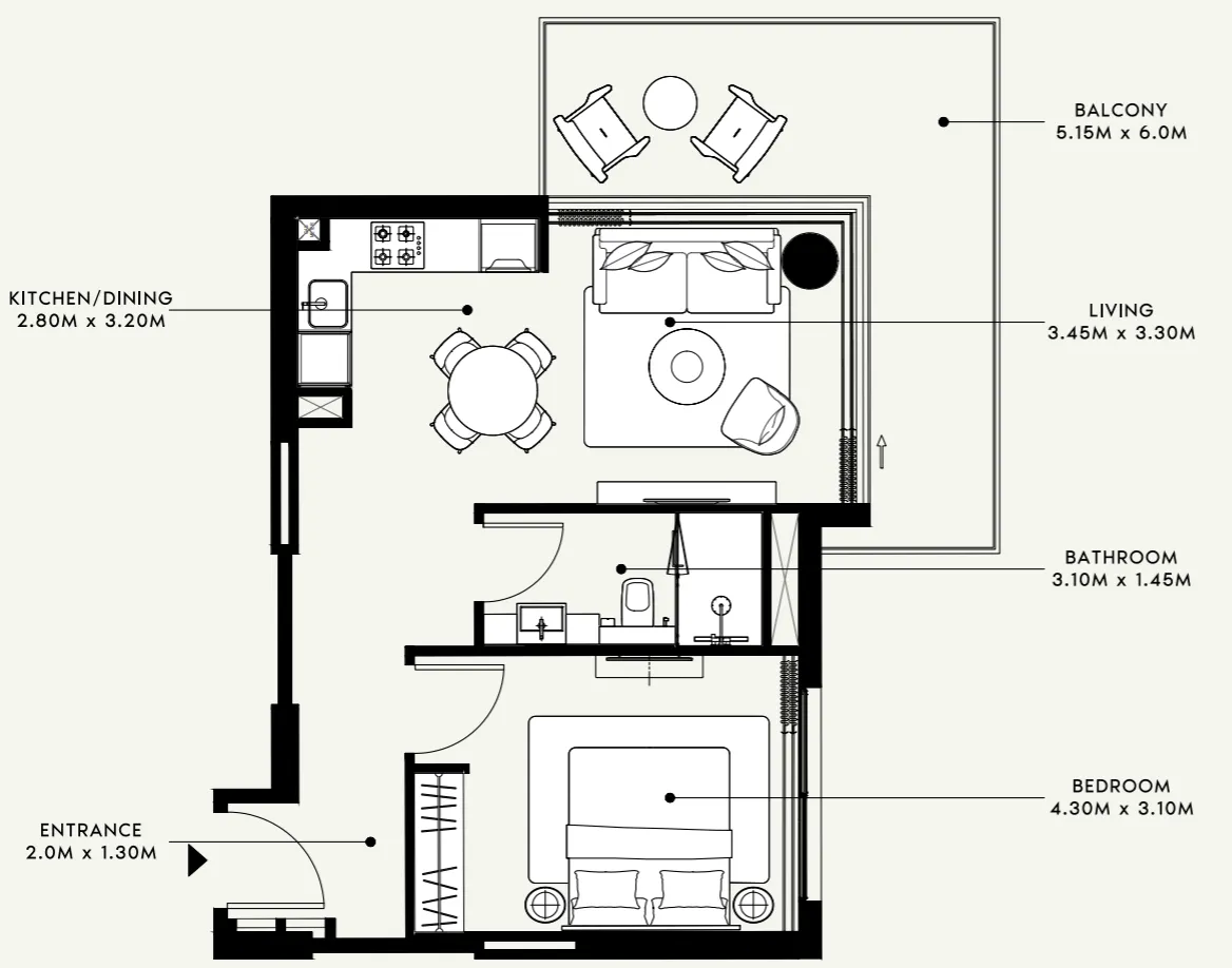 Azizi Venice 1 bed floor plan, 720 sqft
