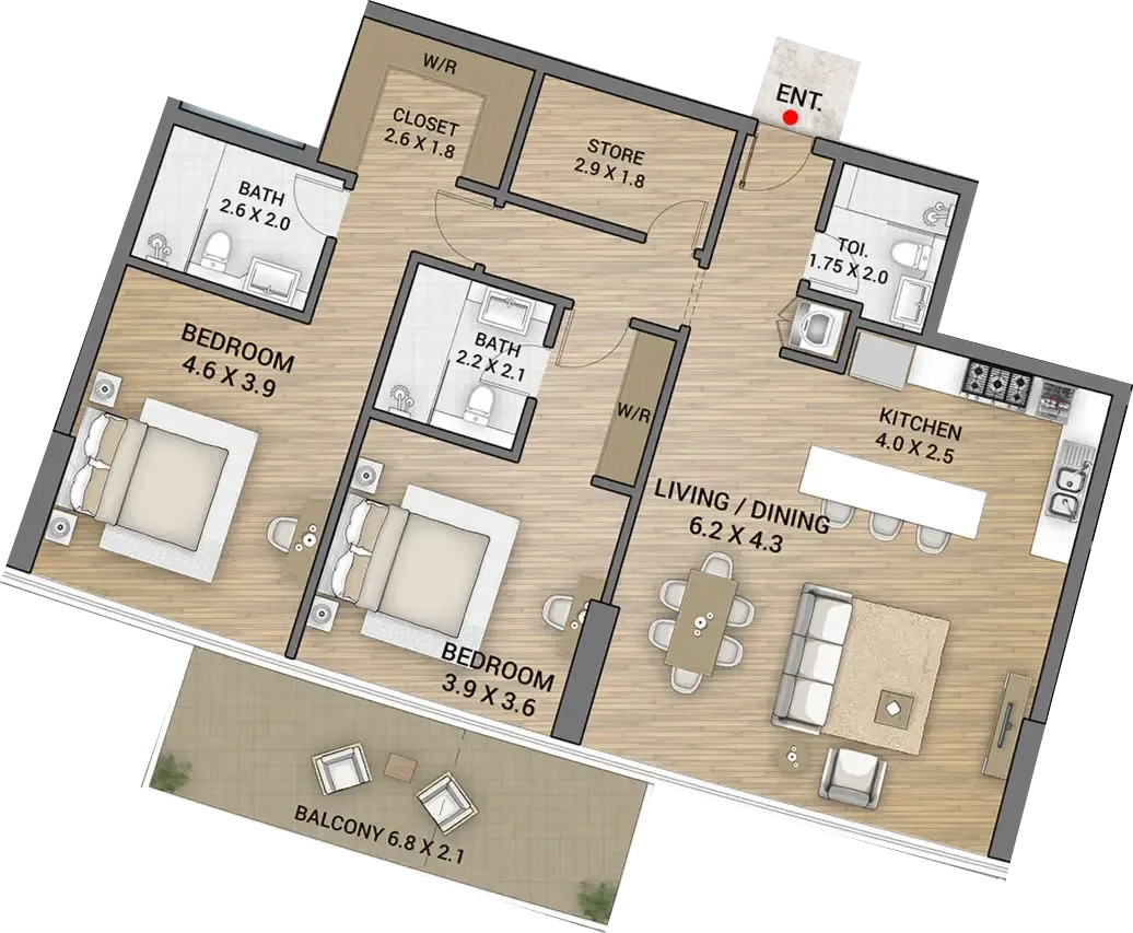 Ocean Tower 2 bed floor plan, 1,449 sqft