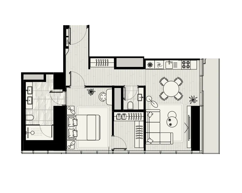Iconic Tower 1 bed floor plan, 875 sqft