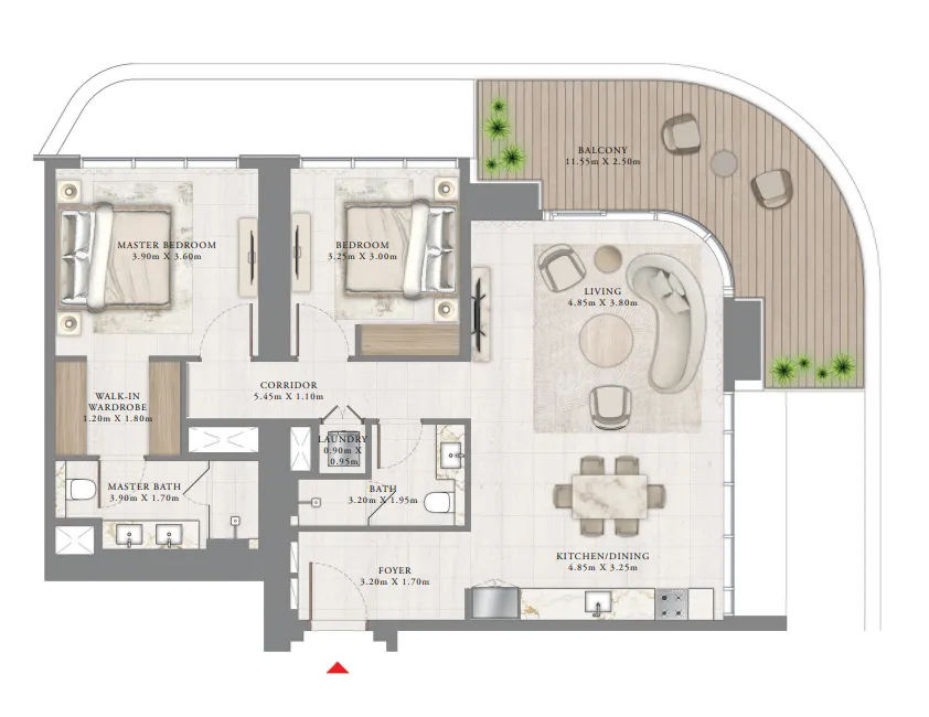 Seapoint 2 bed floor plan, 1,383 sqft