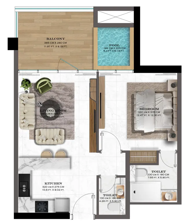 Lazord by Lapis Phases 1 and 2 1 bed floor plan, 729 sqft