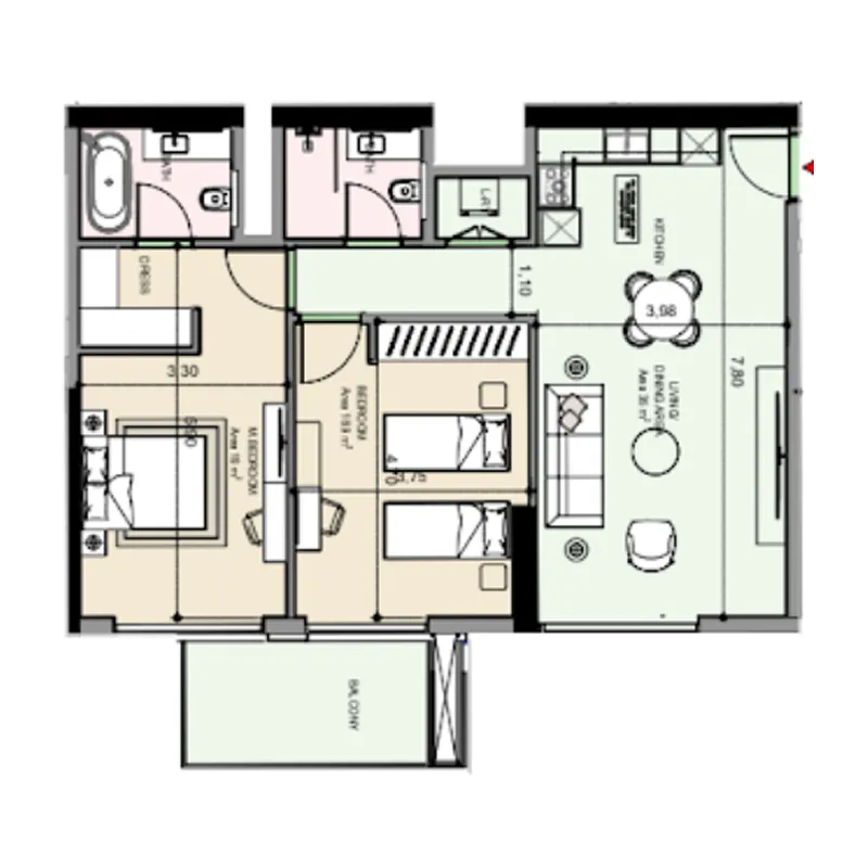 Edgewater Residences 1, 2 and 3 2 bed floor plan, 1,081 sqft