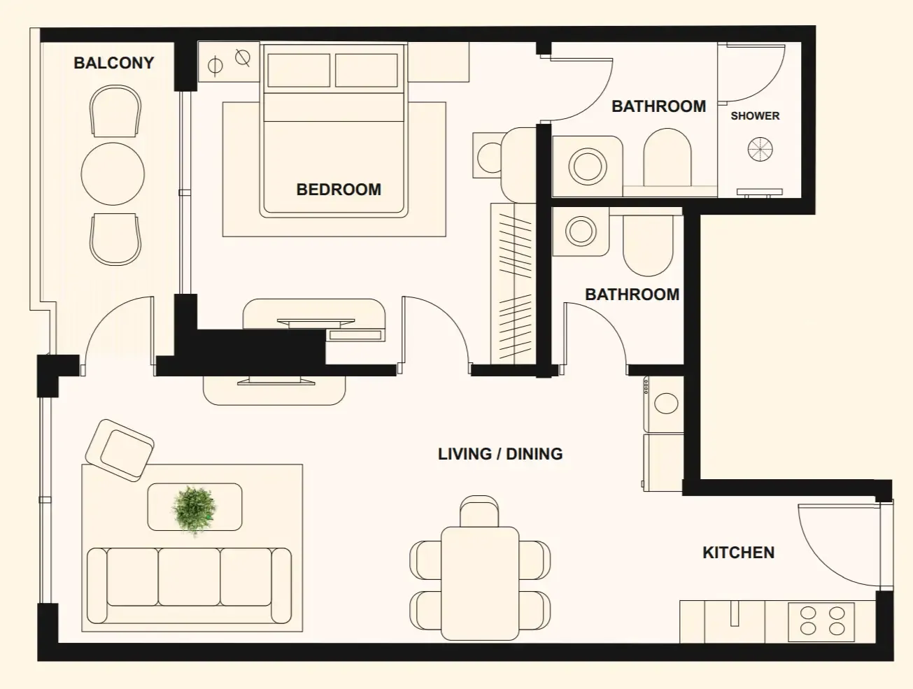 The Elysian 1 bed floor plan, 709 sqft