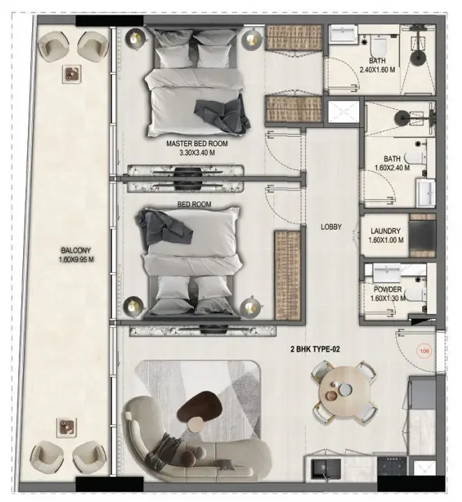 Divine Elements 2 bed floor plan, 1,024 – 1,069 sqft