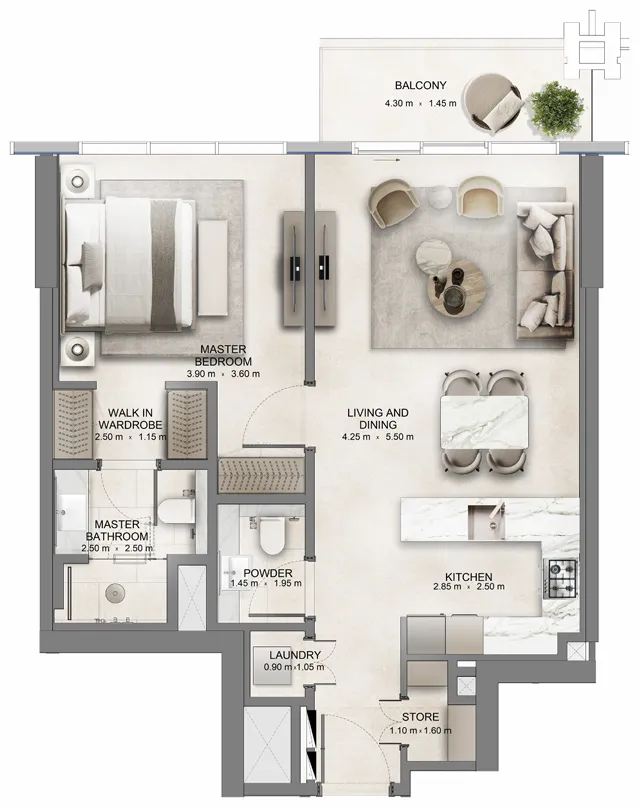 The Residences DIFC Zabeel District 1 bed floor plan, 846 sqft