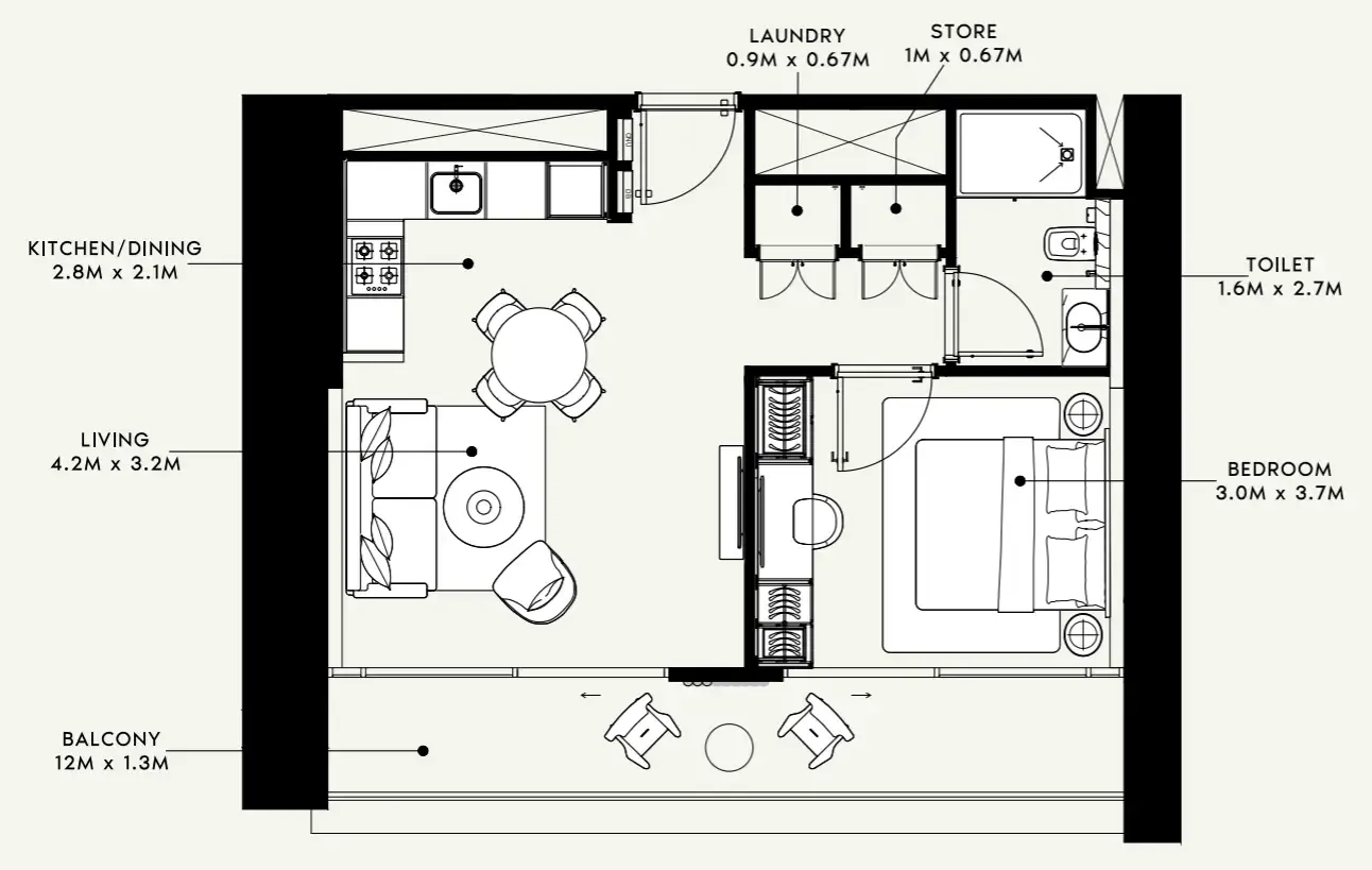 Azizi Milan 1 bed floor plan, 657 sqft