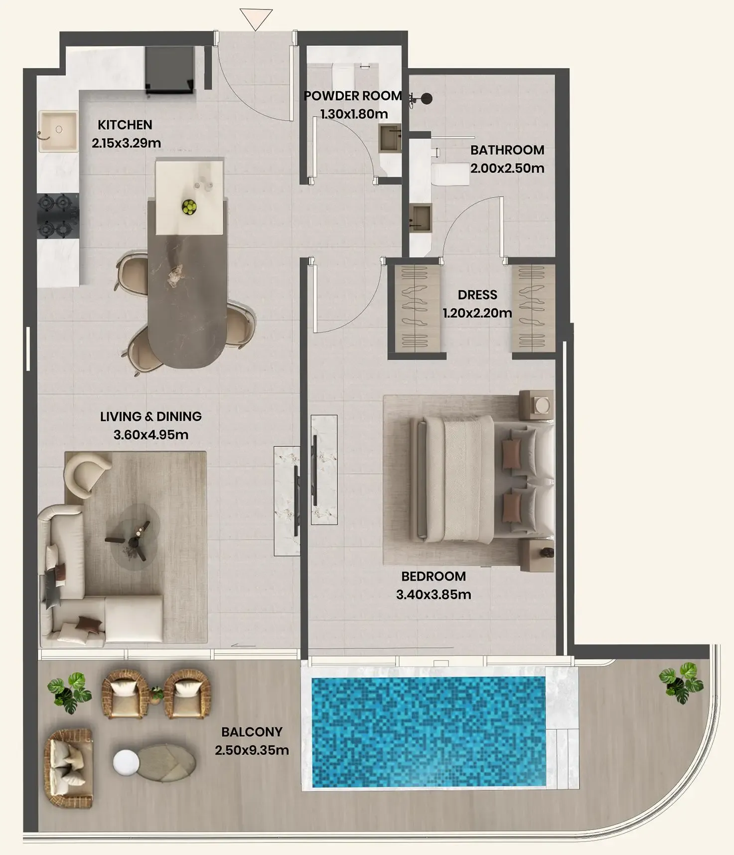 Divine Al Barari 1 bed floor plan, 898 sqft