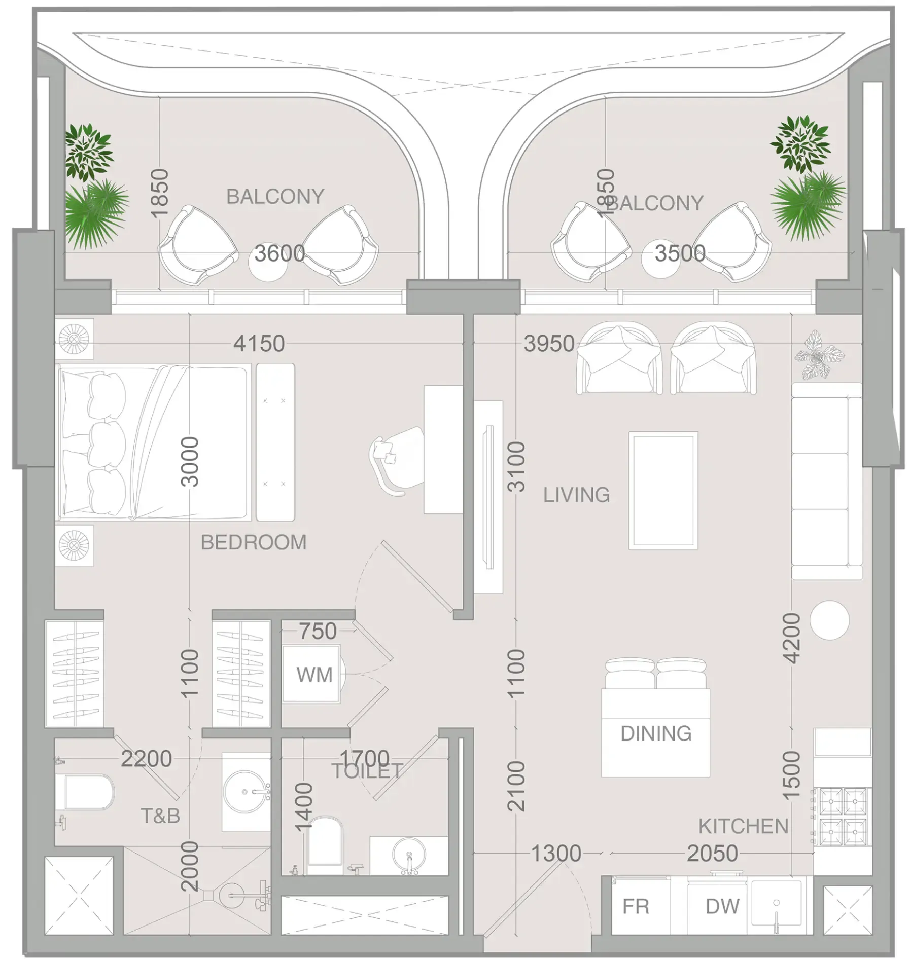 ALTA V1EW 1 bed floor plan, 736 sqft
