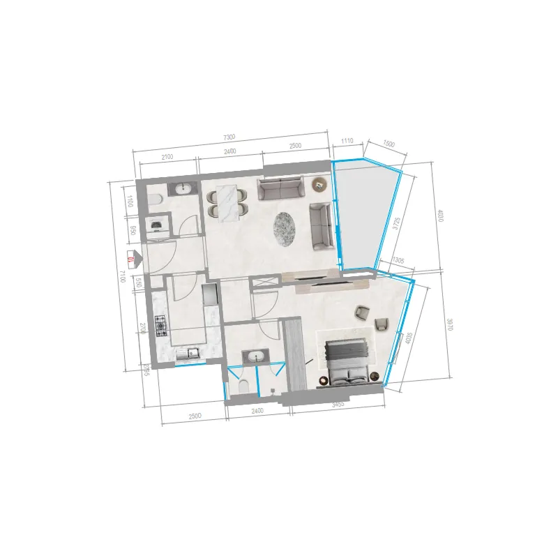 Orchid Towers Phase 1 1 bed floor plan, 784 sqft