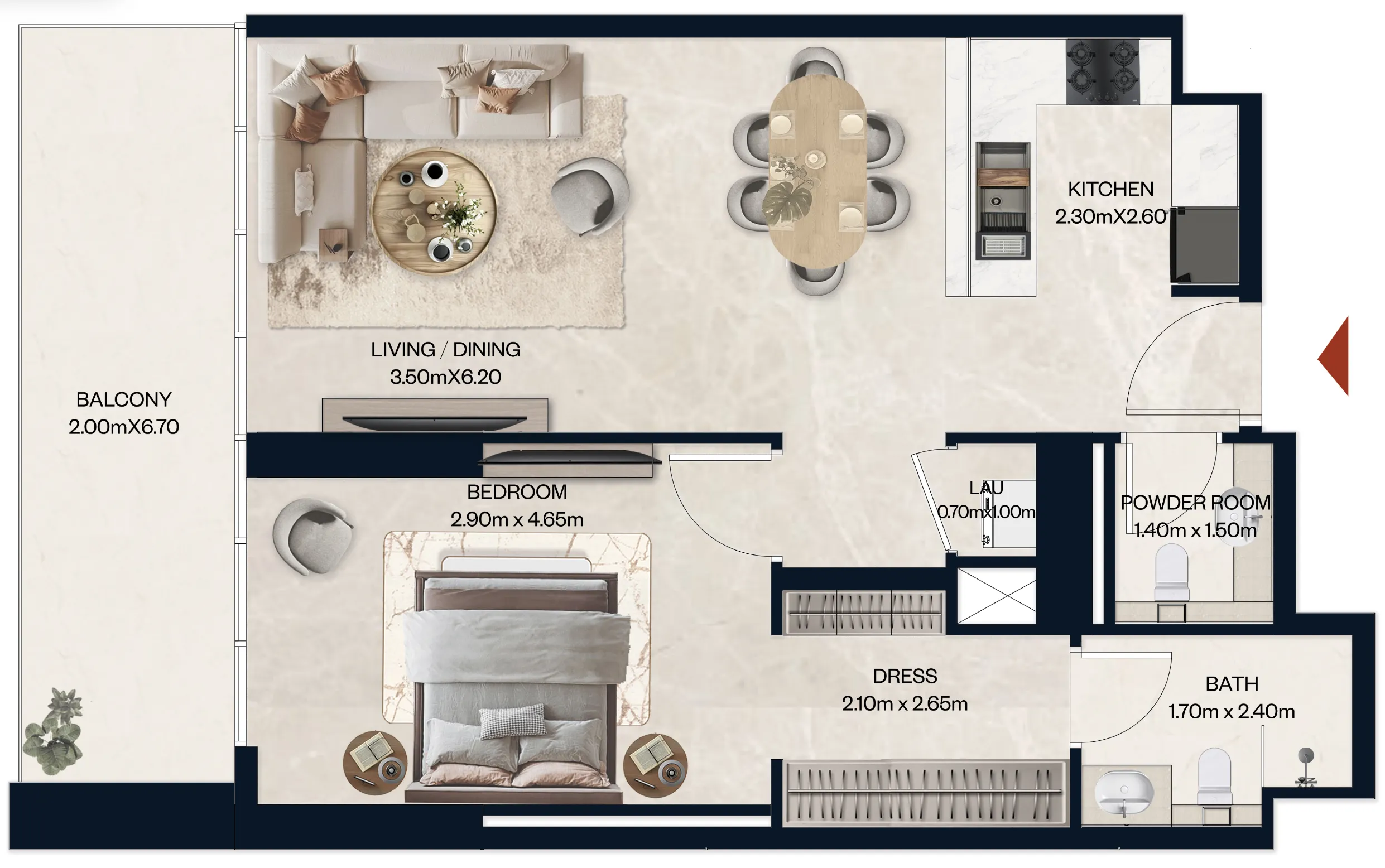 Norah Residence 1 bed floor plan, 845 sqft