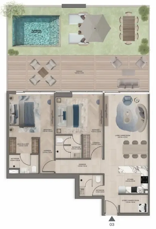 Meriden Beach Residences 2 bed floor plan, 2,006 sqft