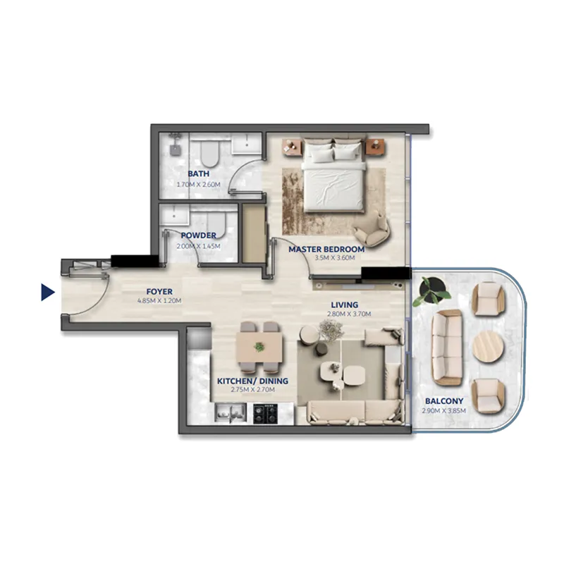 Vedaire Residences 1 bed floor plan, 660 – 688 sqft