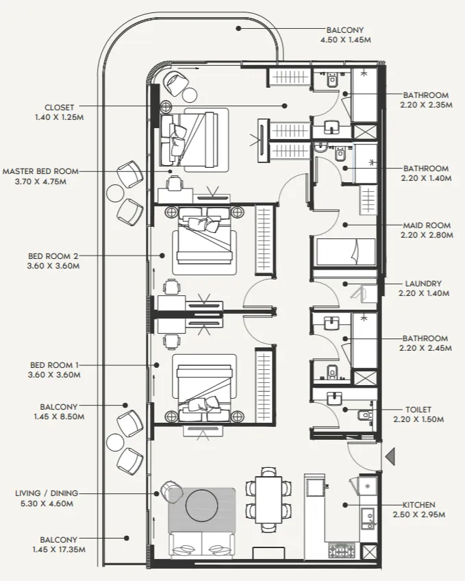 Azizi Amir 3 bed floor plan, 1,845 sqft
