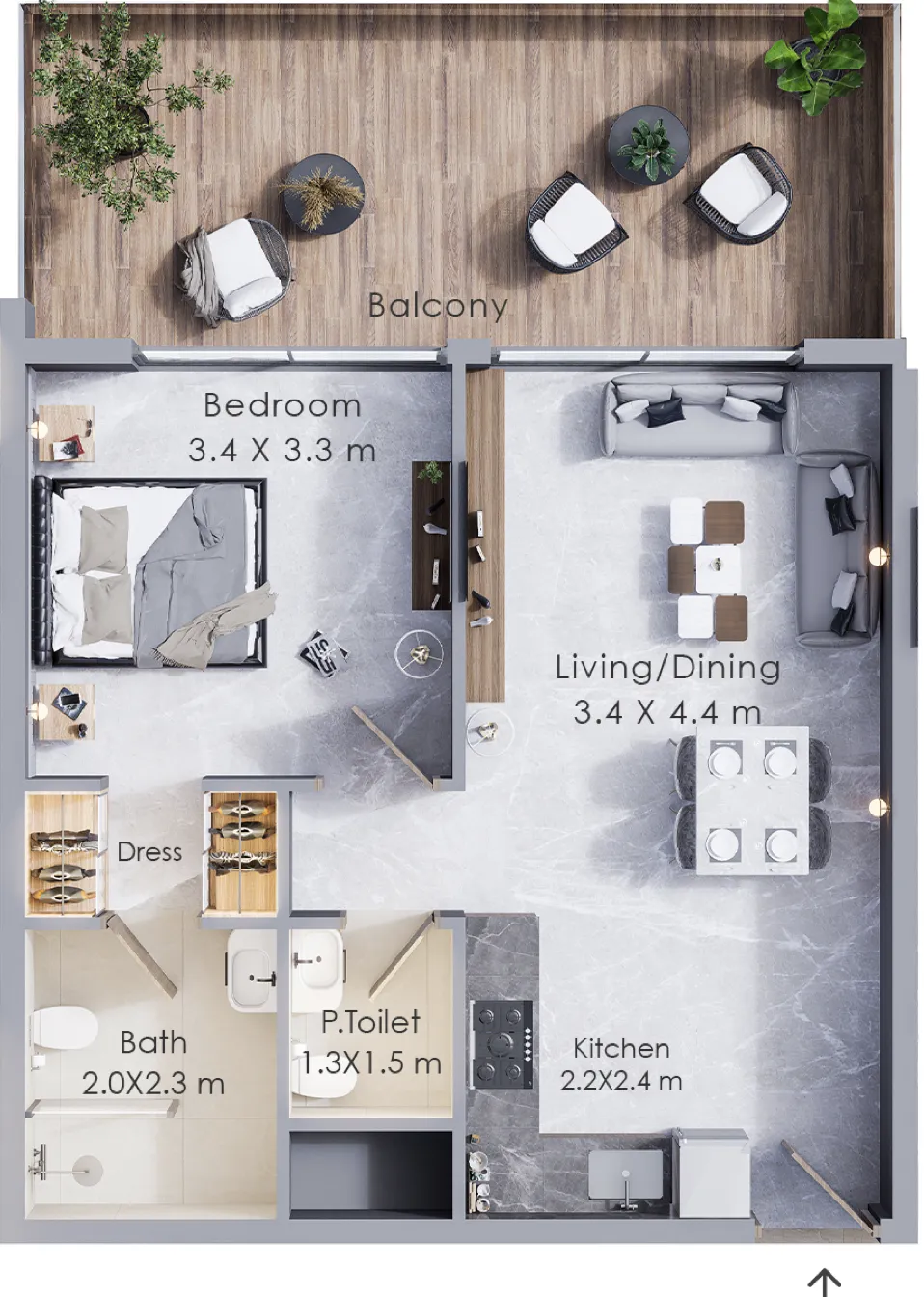Terra Tower 1 bed floor plan, 740 – 747 sqft